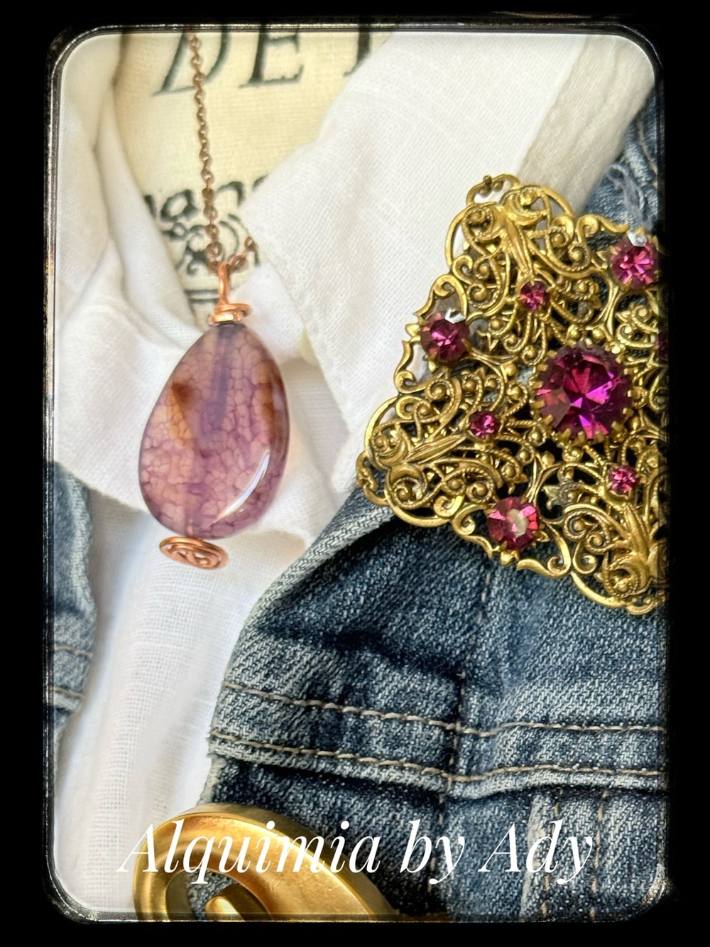 Agate Purple-Pink Teardrop Pendant Necklace with copper Wire